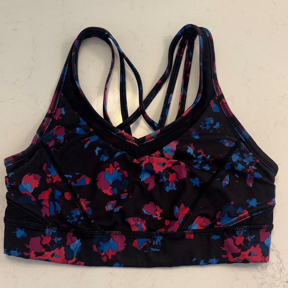 Lululemon “Strap It Like It’s Hot” Sports Bra, Black floral, D cup, HI Impact